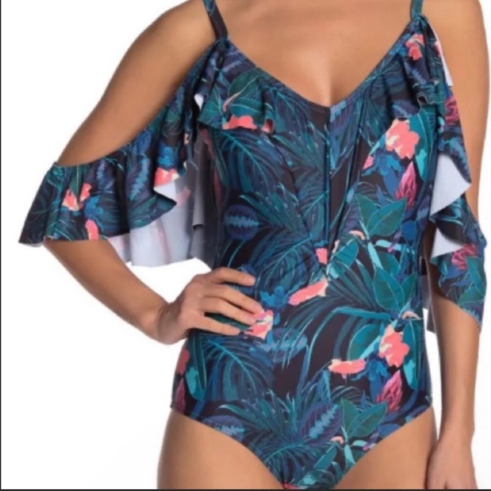 Ruffled Cold Shoulder One-Piece Swimsuit Sz. Medium
